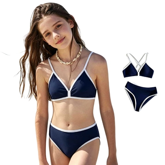 XINXIAOO Girls Spaghetti Strap Triangle Bikini Two Piece Swimsuit Contrast White Solid Quick Dry Bathing Suit Summer Swimwear for Kids Girls 8-9 Years