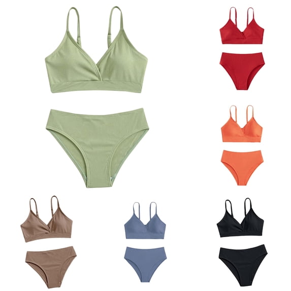 XINXIAOO Girls Spaghetti Strap V Neck Ribbed Two Piece Bikini Swimsuit Solid Quick Dry Bathing Suit Summer Swimwear for Kids Girls 10-12 Years
