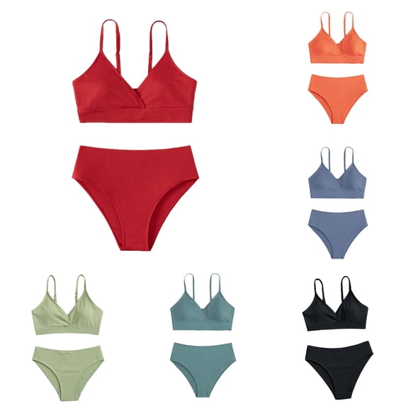 XINXIAOO Girls Spaghetti Strap V Neck Ribbed Two Piece Bikini Swimsuit Solid Quick Dry Bathing Suit Summer Swimwear for Kids Girls 14-16 Years