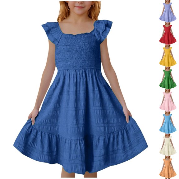 XINXIAOO Girls Summer Dresses Cute Double Layer Ruffled Sleeve Smocked Flowy Dress Fluffy Summer Dresses Casual Party Sundress for Kids, Size 3T-14Y