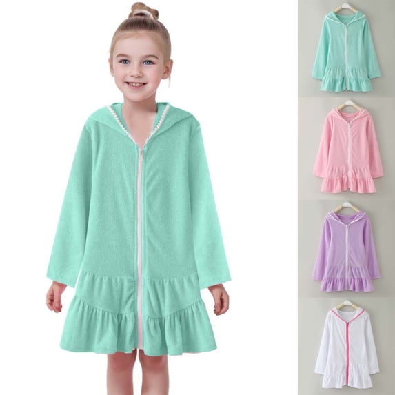 XINXIAOO Girls Swim Cover Up Kids Green Hooded Zip Up Long Sleeve Swimsuit Coverup Terry Beach Bathing Suit Hooded Absorbent Bathrobe Beach Dress Pool Clothes 3T