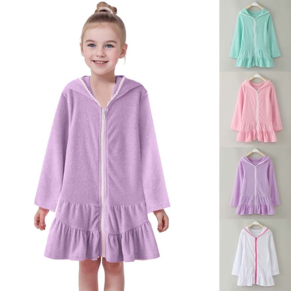 XINXIAOO Girls Swim Cover Up Kids Purple Hooded Zip Up Long Sleeve Swimsuit Coverup Terry Beach Bathing Suit Hooded Absorbent Bathrobe Beach Dress Pool Clothes 2T
