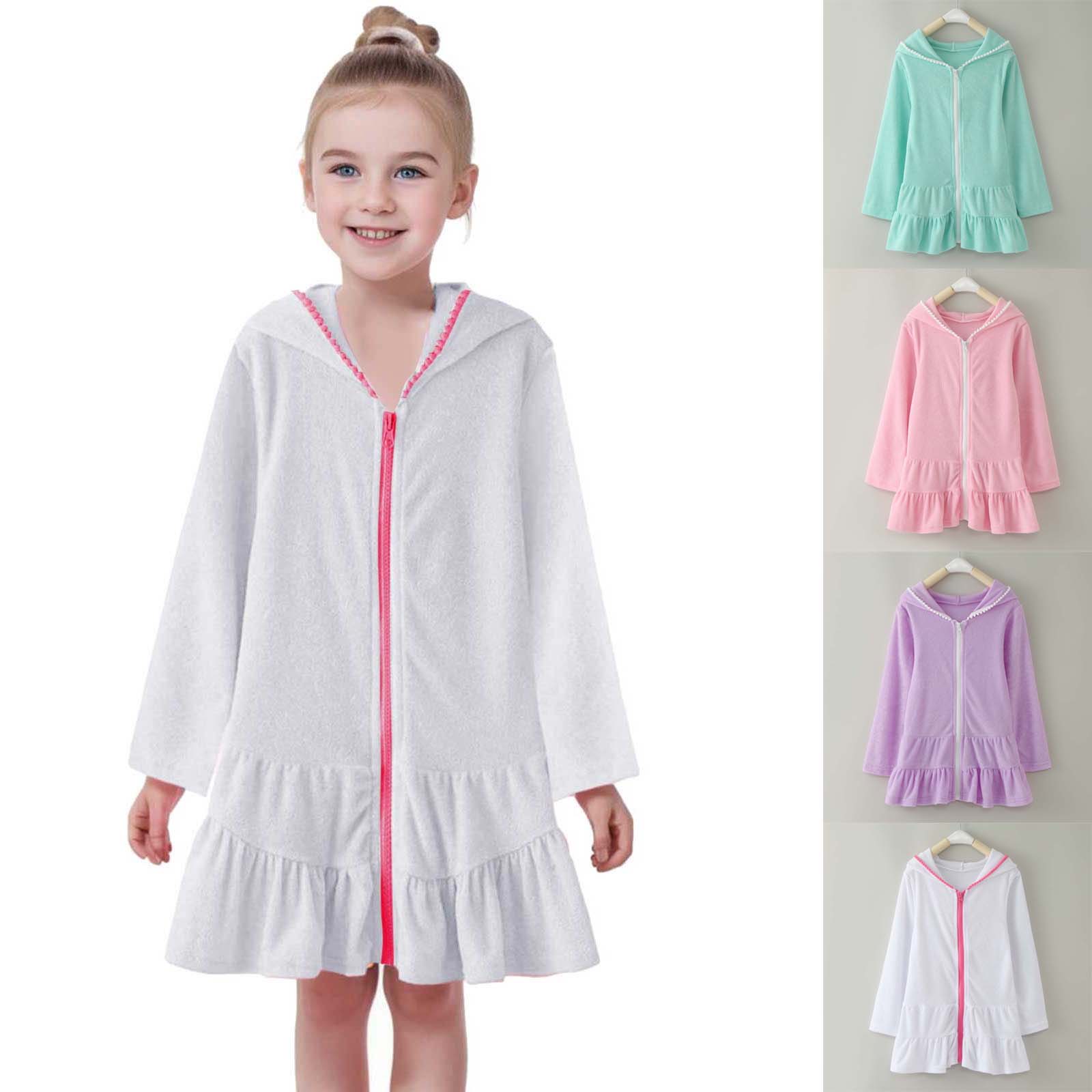 XINXIAOO Girls Swim Cover Up Kids White Hooded Zip Up Long Sleeve Swimsuit Coverup Terry Beach Bathing Suit Hooded Absorbent Bathrobe Beach Dress Pool Clothes 7-8 Years