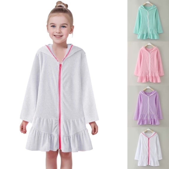 XINXIAOO Girls Swim Cover Up Kids White Hooded Zip Up Long Sleeve Swimsuit Coverup Terry Beach Bathing Suit Hooded Absorbent Bathrobe Beach Dress Pool Clothes 2T