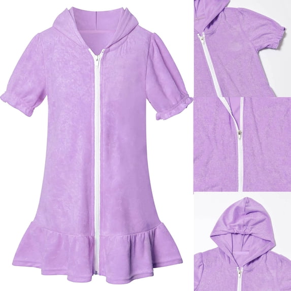 XINXIAOO Girls Swim Cover Up Purple Hooded Zip-Up Cotton Swimsuit Ruffle Bathing Suit Kids Short Sleeve Swimwear UPF 50+ Beach Dress Coverup 8-9 Years