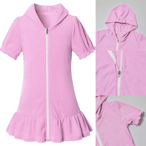 XINXIAOO Girls Swim Cover Up Pink Hooded Zip-Up Cotton Swimsuit Ruffle Bathing Suit Kids Short Sleeve Swimwear UPF 50+ Beach Dress Coverup 4T