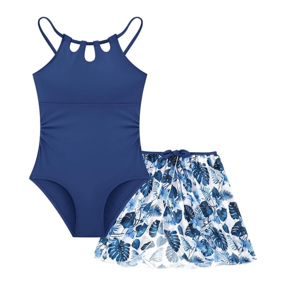 XINXIAOO Girls Swimsiut One Piece Bathing Suit with Cover Ups Adjustable Straps Cut Out Tropical Printed Swimwear Size 7-16 Years