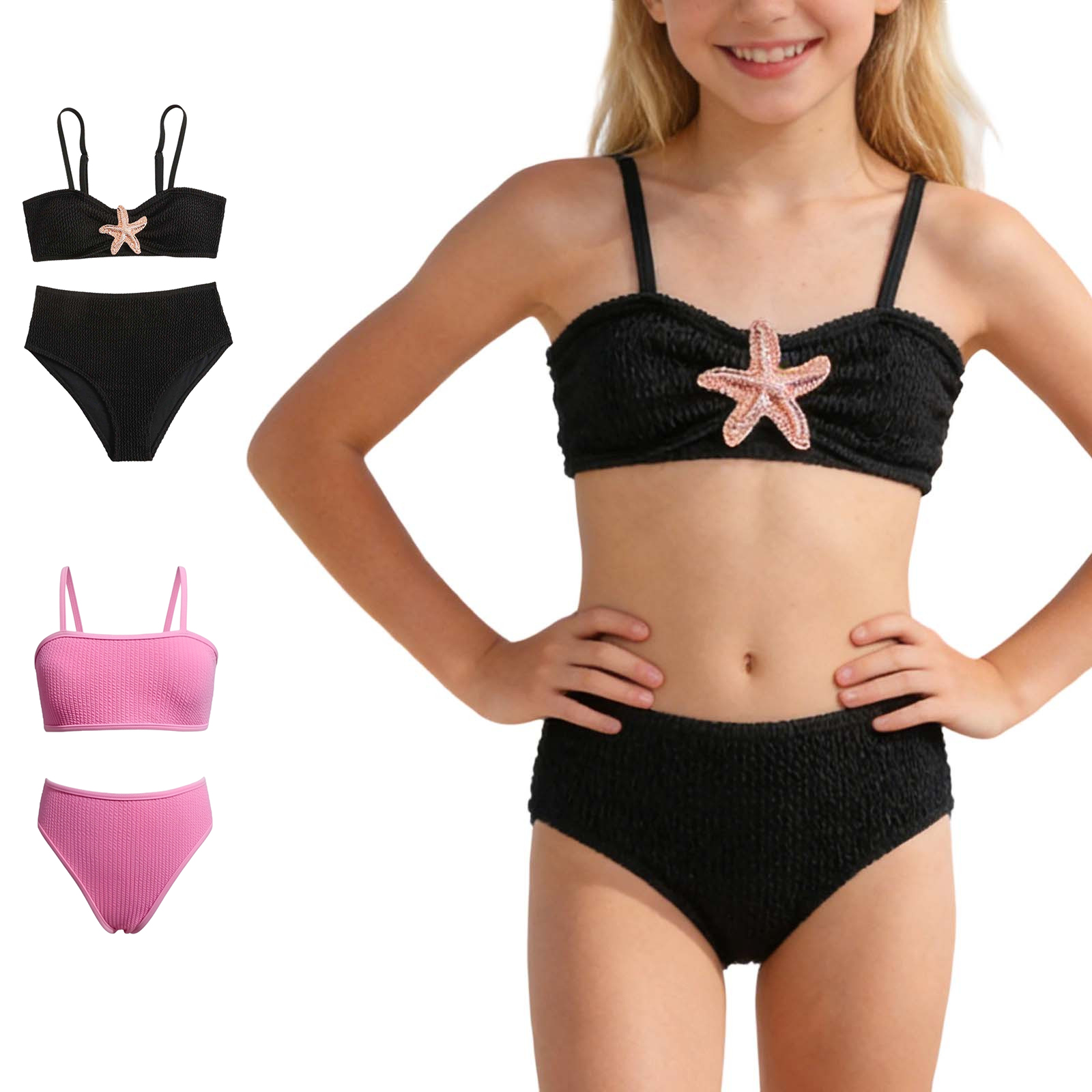 XINXIAOO Girls Swimsuits 2 Piece Tankini Sets Summer Adjustable Straps Solid Color Cute Swimsuits Summer Beachwear Tankini Sets for Kids Girls Swimsuit 9-10 Years