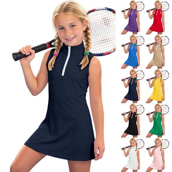 XINXIAOO Girls Tennis Dress Sleeveless Athletic Dresses for Girls With Zipper Collar For Sport Summer Outfits Summer, Size 4T-15Y