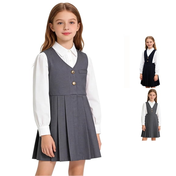 XINXIAOO Girls V Neck Sleeveless Pocket Pleated School Uniform Jumper Dress Solid A Line Midi Student Pinafore Skirt For Classroom Graduation Stage Daily School Wear for Toddler Kids Girls