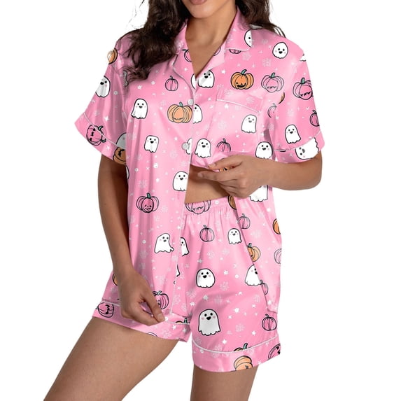 XINXIAOO Halloween Pajamas 2 Pcs Satin Pajama Set Bat Skeleton Printed Button Up Pajamas for Women Short Sets Loungewear Sets Woman Womens Nighties