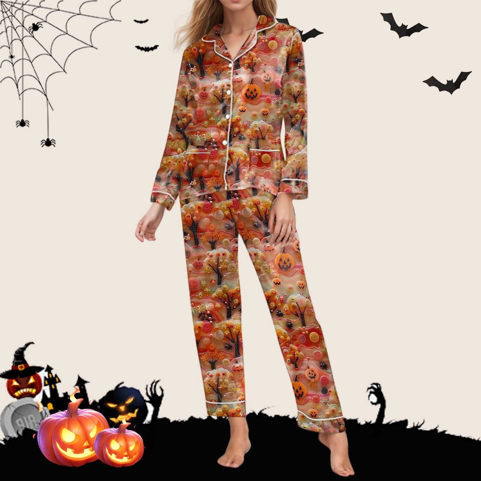 Women's Halloween Pajamas Set | 2 Piece Satin PJS With Ghost & Pumpkin Print | Long Sleeve Top & Pants | Cute Sleepwear