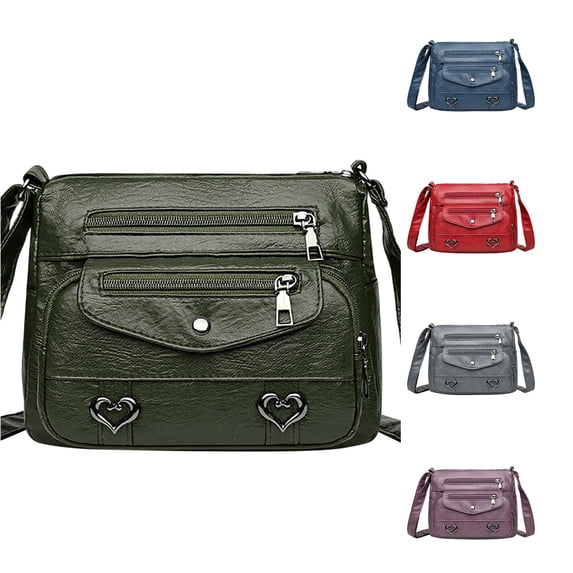 XINXIAOO Heart Decor PU Leather Crossbody Bag, Vintage Shoulder Purse with Multi Pockets & Zipper