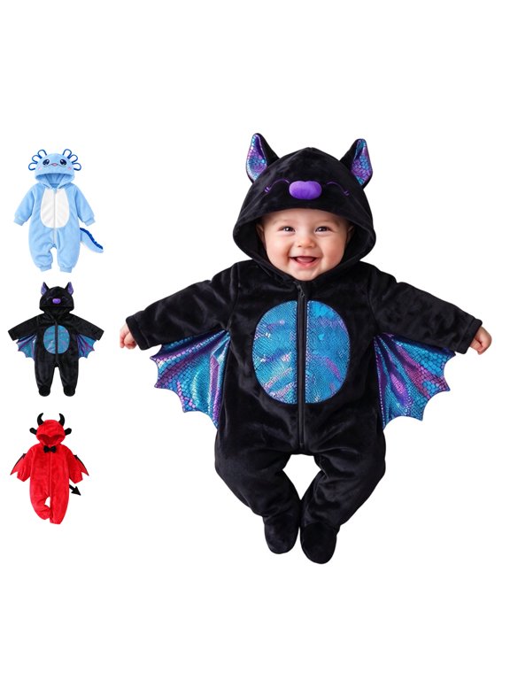 Baby Girls Boys Bat Outfits Long Sleeve Romper Jumpsuit with 3D Hooded Zipper Fall Warm Outfit Clothes 0-3 Months