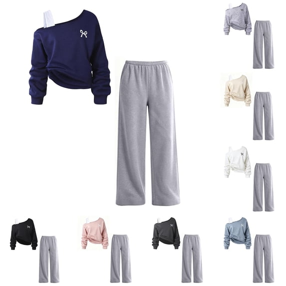 XINXIAOO Kids Sweatsuits Long Sleeve Off the Shoulder Sweatshirt with Joggers Set Athletic Tracksuit Outfit Navy Sweatsuits Boys Girls Activewear 11-12 Years