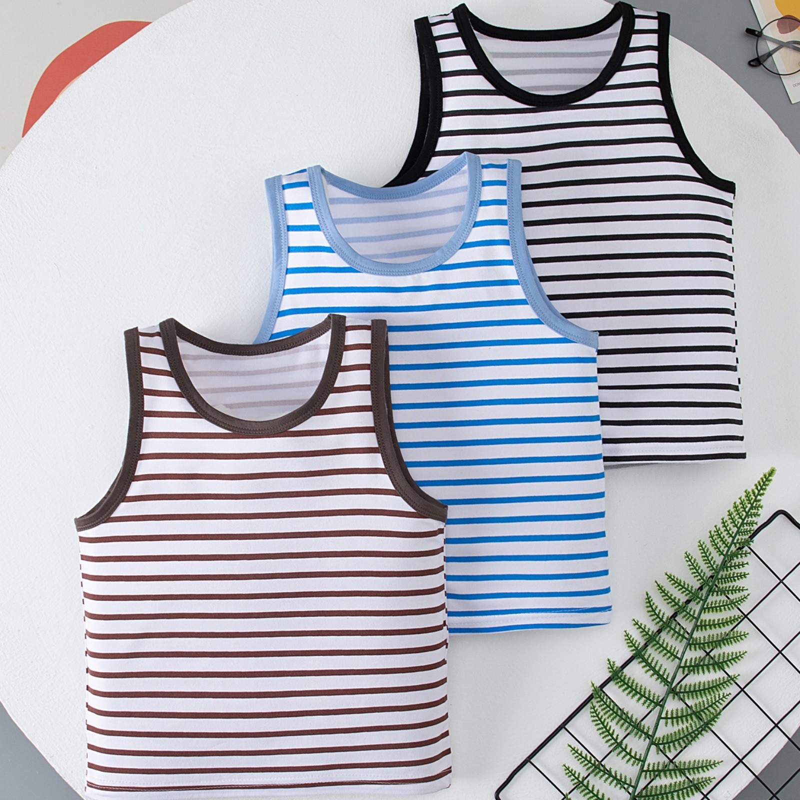 XINXIAOO Kids Boys 3-Pack Striped Tank Tops, Casual Sleeveless Undershirts for Kids, Size 7-8 Years