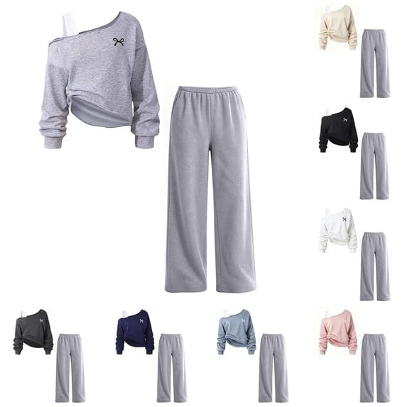 XINXIAOO Kids Girls Boys 2 Piece Outfits Long Sleeve Off the Shoulder Sweatshirt with Joggers Set Athletic Tracksuit Outfit Light Gray Sweatsuit Boys Girl Fall Clothes 9-10 Years