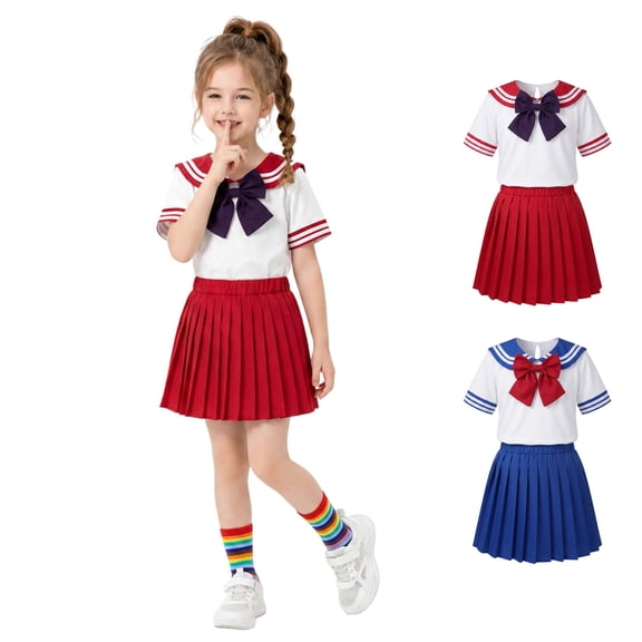XINXIAOO Kids Girls Sailor School Uniform Cheer Outfit Short Sleeve Sailor Collar Top Bow Pleated Uniform Skirt Complete Set For School Stage Performance Birthday Party