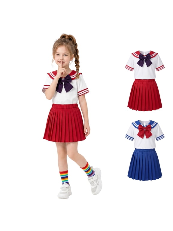 Kids Girls Sailor School Uniform Cheer Outfit Short Sleeve Sailor Collar Top Bow Pleated Uniform Skirt Complete Set For School Stage Performance Birthday Party