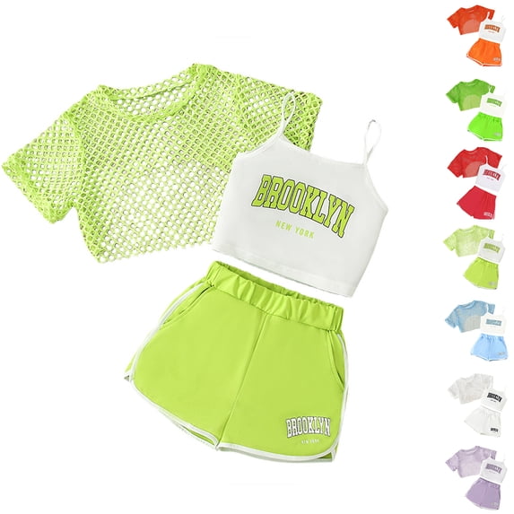 XINXIAOO Kids Girls Summer 3 Piece Clothing Set Hollow Knit Cover Up Elastic Waist Shorts for Girls 9-10 Years