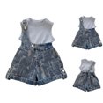 thumbnail image 1 of XINXIAOO Kids Summer Girl's 2 Piece Outfits Sleeveless T-Shirt Tops High Waisted Denim Shorts Girl Outfits 9-10 Years, 1 of 9