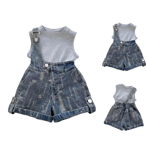 XINXIAOO Kids Summer Girl's 2 Piece Outfits Sleeveless T-Shirt Tops High Waisted Denim Shorts Girl Outfits 9-10 Years