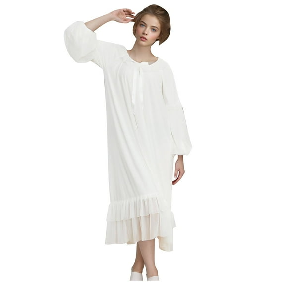 XINXIAOO Long Sleeved Nightgown Plus Size Loose Cute Bow Lace Pajamas Women's Double Round Neck Home Clothes Night Gown Petite Women Women Sleep Night Sleep Shirts Women plus Size Evening Gowns plus