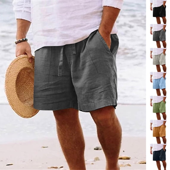 XINXIAOO Mens Linen Shorts for Casual Elastic Waist with Drawstring Summer Beach Shorts with Pockets, Size S-XXL