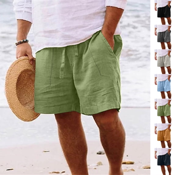 XINXIAOO Mens Linen Shorts for Casual Elastic Waist with Drawstring Summer Beach Shorts with Pockets, Size S-XXL