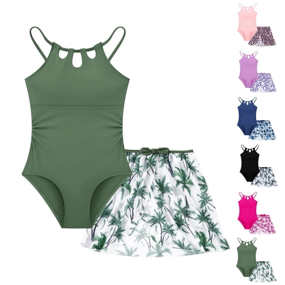 Bigetiay One Piece Swimsuit for Girls Fashion Cut out Design with Tropical Printed Cover up Skirt Bathing Suit for Girls 13-14 Years