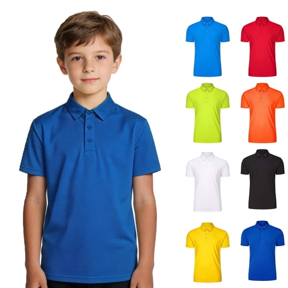 XINXIAOO Polo Shirts Boys Short Sleeve Blue Button up Shirts School Uniform Casual Tops Shirts for Kids 7-8 Years