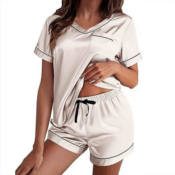 XINXIAOO Short Sleeved Shorts Set Summer Pajamas V Neck Ice Silk Set Women's Home Wear Ladies Shorty Pajamas Shorty Pajamas Women Soft Short Women Pajama Set Shorts Pajamas for Women Sleepwear Pretty