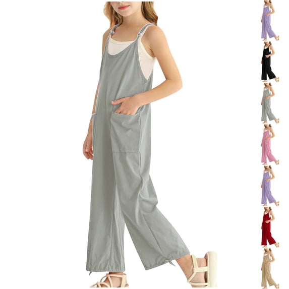 XINXIAOO Summer Jumpsuit for Girls Spaghetti Strap Overalls with Side Pockets Cute Clothes for Girls 13-14 Years