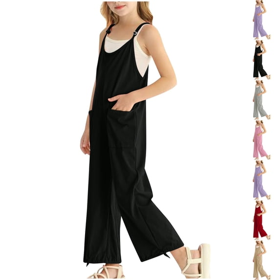 XINXIAOO Summer Jumpsuit for Girls Spaghetti Strap Overalls with Side Pockets Cute Clothes for Girls 9-10 Years