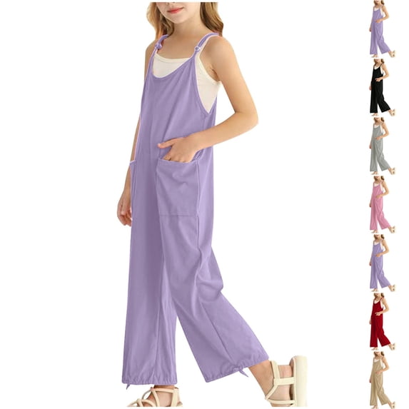 XINXIAOO Summer Jumpsuit for Girls Spaghetti Strap Overalls with Side Pockets Cute Clothes for Girls 9-10 Years