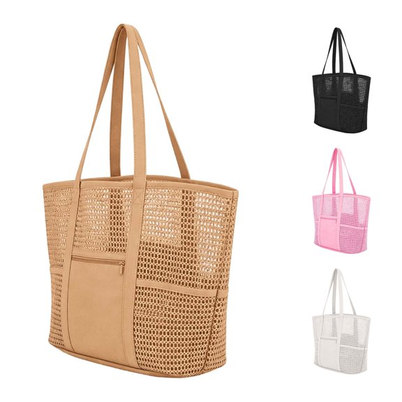 XINXIAOO Summer Solid Mesh Beach Tote Bag, Portable Breathable Shoulder Bag for Shopping & Travel