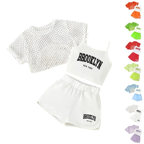 XINXIAOO Teen Girls Summer 3 Piece Clothing Set Hollow Knit Cover Up Elastic Waist Shorts for Girls 13-14 Years