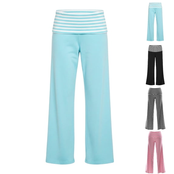 XINXIAOO Teen Girls Y2K Fold Over Yoga Pants Blue White Elastic Waist Contrasting Stripes Straight Wide Leg Soft Sweatpants Size 11-12 Years