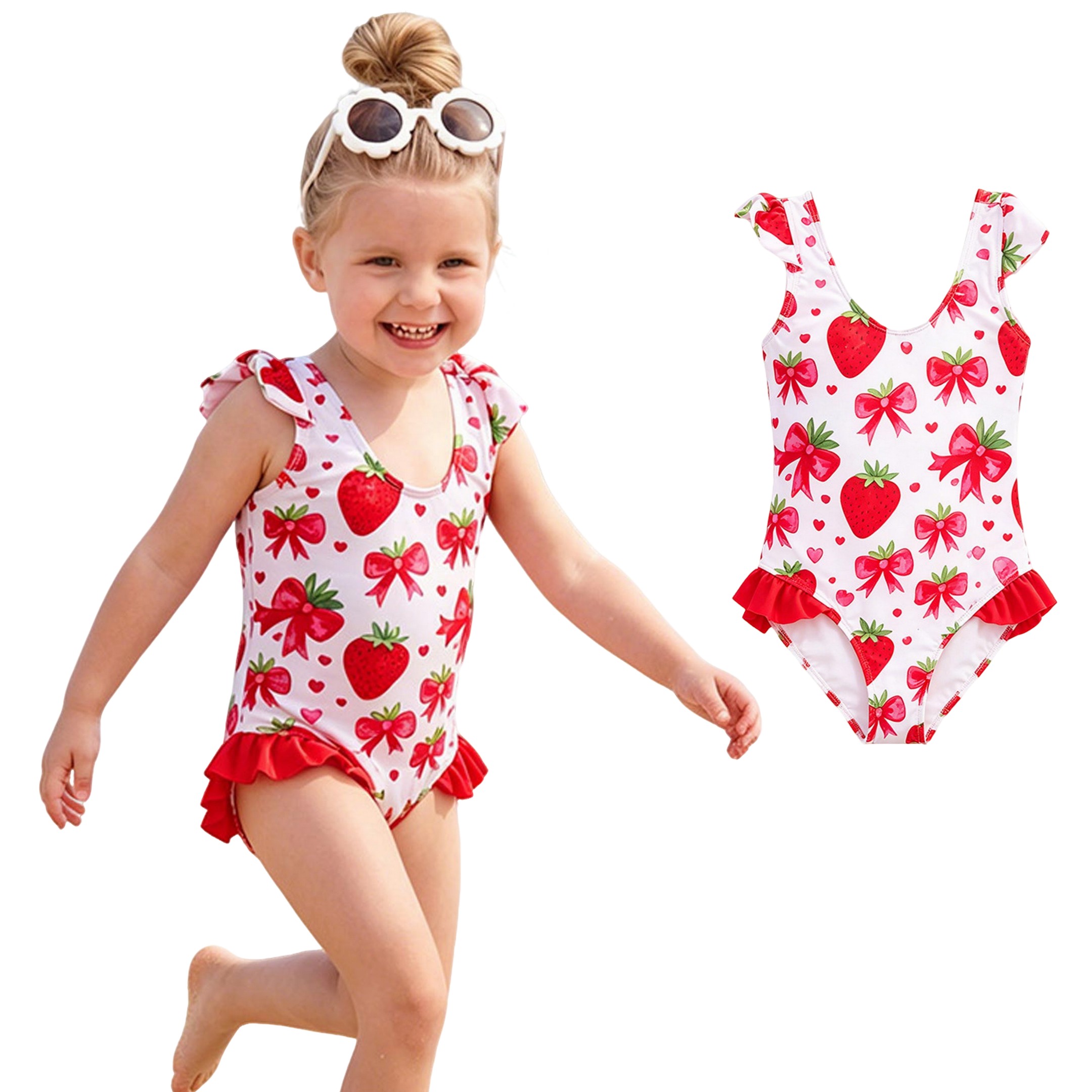 XINXIAOO Toddler Baby Girls Bow Print 1 Piece Bathing Suit Sleeveless Ruffle Summer Beach Pool Kids Swimwear 3-4 Years