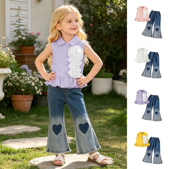 XINXIAOO Toddler Girls Clothes Sleeveless Shirt Flare Jeans Pant Outfits for Girl Bell Bottom Kids Girls Clothing Set Summer Fall Fashion Outfits 5-6 Years