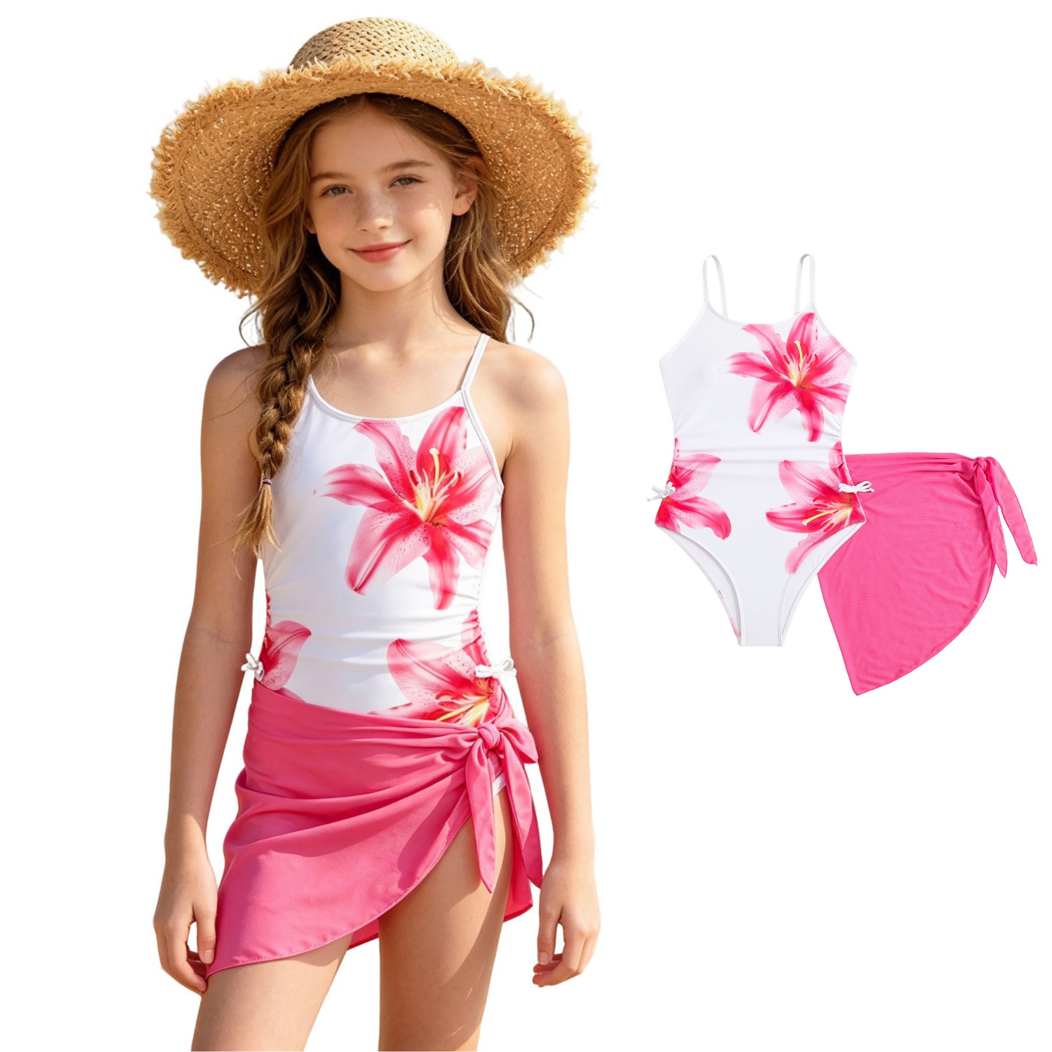 XINXIAOO Toddler Girls Floral Print 1 Piece Bathing Suit with Matching Floral Wrap Cover Skirt Soft Stretch Lightweight Comfort Summer Beach Pool Outfit 12-13 Years