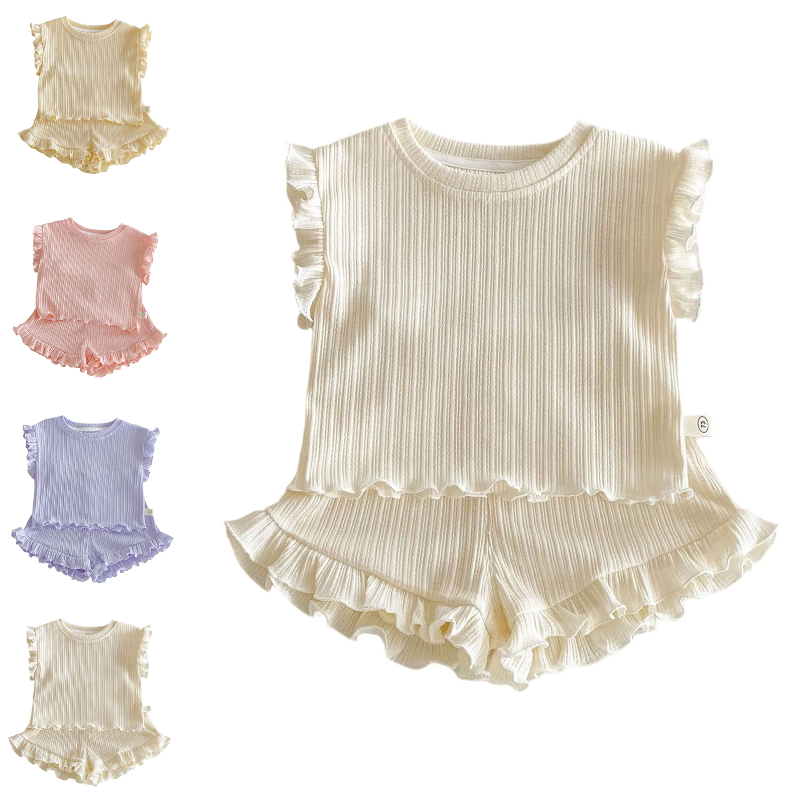 XINXIAOO Toddler Summer Outfits for Girls 2 Piece Ruffled Sleeveless T-Shirt Tops Elastic Waist Shorts Casual Daily Wear Girls Clothes Size 12-18 Months