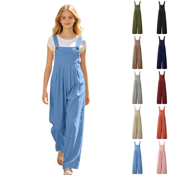XINXIAOO Unisex Rompers Sleeveless Jumpsuits Cute Light Blue Adjustable Strap Leg Long Summer Outfits with Pockets Boys Girls Clothes 6-7 Years