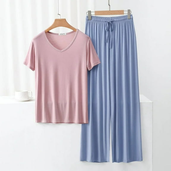 XINXIAOO V Neck Short Sleeve Pajama Set With Loose Fit Long Pants For Women Thin Summer Sleepwear Pajama Set for Women Robe Pajamas for Tall Women Women Satin Pajamas Set Pajama for Tall Women Is Set