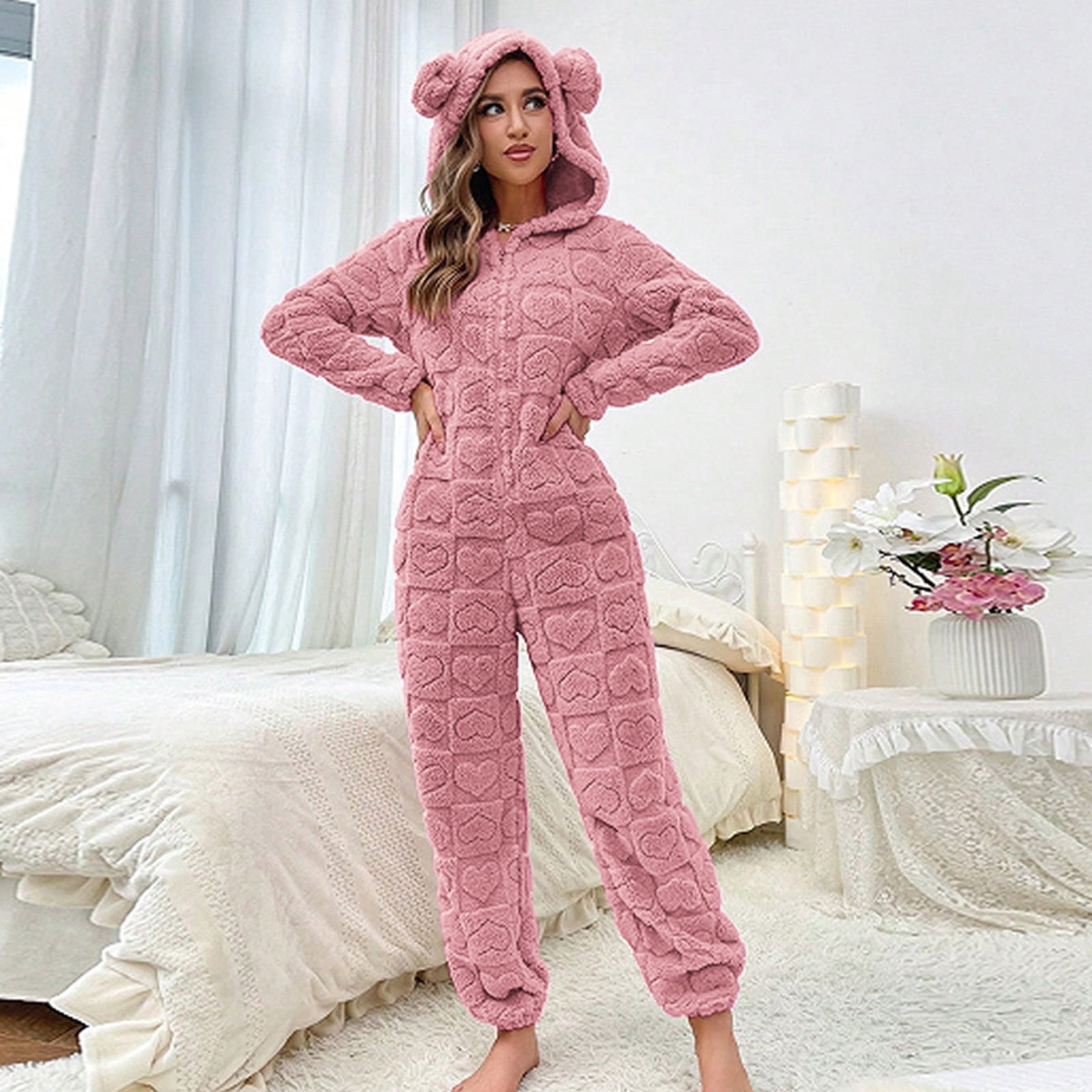 XINXIAOO Warm Coral Women's Hooded Long Sleeve Jumpsuit For Fall