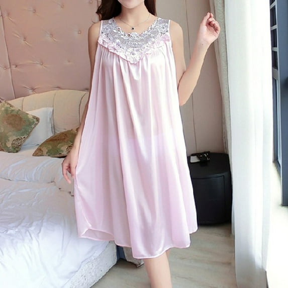XINXIAOO Women Casual Solid Dress Sleeveless Round Neck Lace Splice Dress Pullover Loose Dress Short Sleeved Nightgowns Women Womens plus Size Sleep Shirts plus Size Sleepwear Star Print Shirt Dress