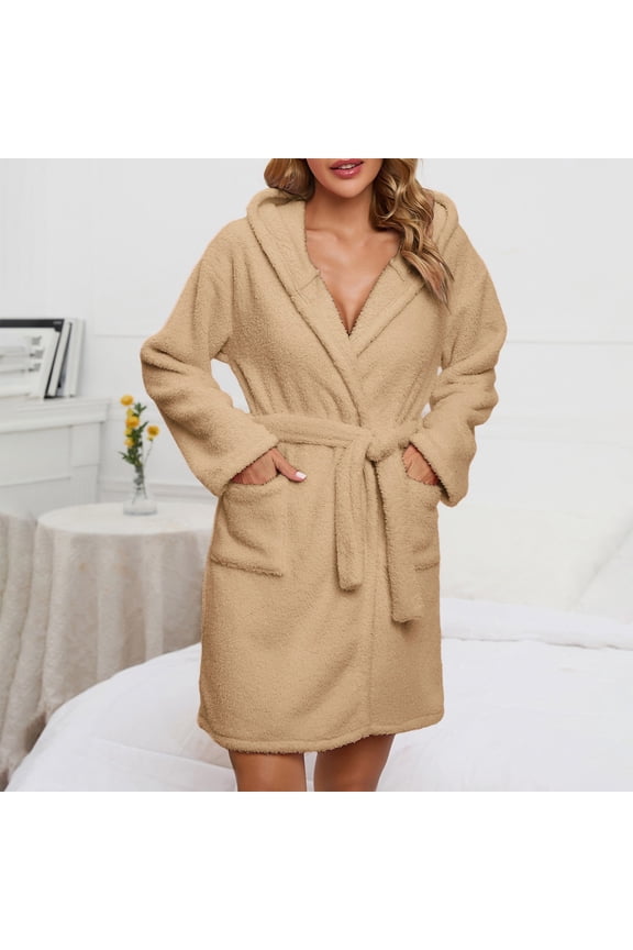 Women Fashion Casual Comfort Warm Long Sleeve Nightdress Hooded Jumpsuit Warm Bathrobes for Women Full Sleeve Tops for Women Japanese Silk Robes for Women Floor Length Robe Housecoat Medium