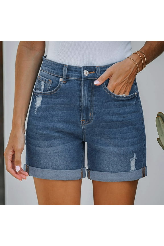 Women Jean Shorts Womens Stretchy High Waisted Ripped Denim Shorts with Pockets Trendy Distressed Cut Off Shorts High Waist Wide Leg Pants for Women High Waist Oversized Jean Pants for Women