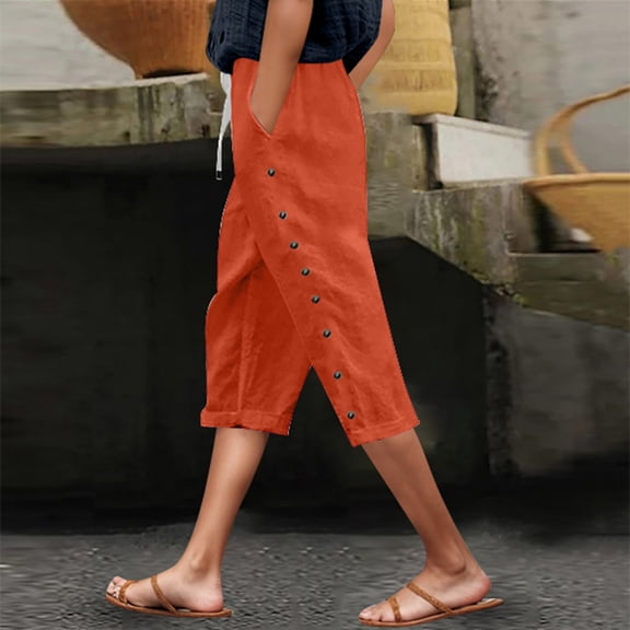 XINXIAOO Women Pants Casual Womens Pants Orange Baggy Pants Lounge Pants Wide Leg Elastic Waist Pants for Women with Pockets Womens Capris for Summer