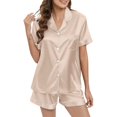 thumbnail image 1 of XINXIAOO Women's Casual Solid Silk Satin Pajama Set Short Sleeve Button Up Top & Shorts Sleepwear Warm Pajamas for Women Bride Getting Ready Outfit for Wedding Day Sleepwear for Women plus Size Short, 1 of 4